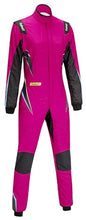 A pink and black SABELT NOMEX woman's racing suit designed for motorsport activities.