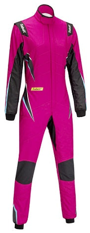 A pink and black SABELT NOMEX woman's racing suit designed for motorsport activities.